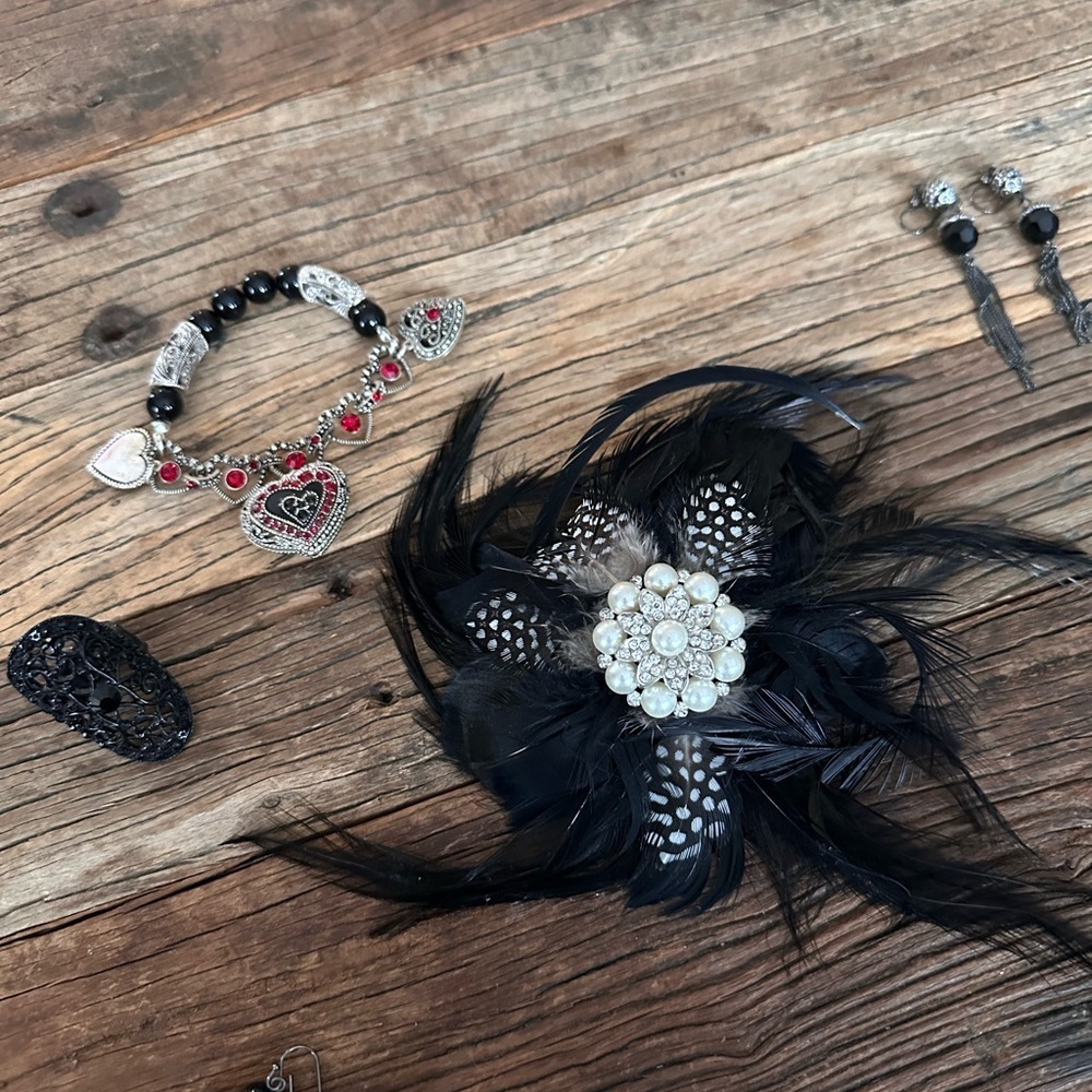 Charming Charlie Roaring 20’s Black Feather Hair Clip with Jewelry Set